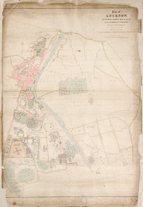 Plan Lucknow, wykreślony na podstawie pomiarów wykonanych w 1856 r. przez porucznika Moorsoma, 52. Lt. Infantry. (Przedstawiony przez kapitana Moorsoma, C.E.), ok. 1856 r. (jedwab, papier) autorstwa British School