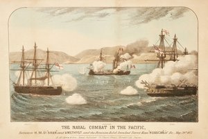Walka morska na Pacyfiku między HMS "Shah" i "Amethyst" a peruwiańskim buntownikiem, Ironclad Turret Ram Huascar u wybrzeży Ilo, 29 maja 1877 r. autorstwa British School