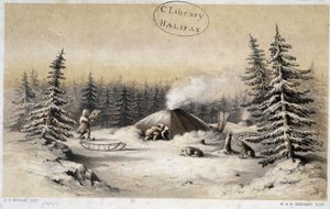 Zimowe siedliska ludu Kutchin w Ameryce Północnej i na Alasce w „”Artic Searching Expedition: dzienniku rejsu łodzią przez ląd Ruperta i morze arktyczne w poszukiwaniu odkrywców statków pod dowództwem sir Johna Franklina”” autorstwa sir Johna Richa autorstwa British School