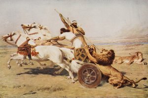 Nimrod, A Mighty Hunter, ilustracja z "Zarysu historii" H.G. Wellsa, tom I, opublikowanego w 1920 r. (kolorowa litografia) autorstwa Briton (after) Riviere