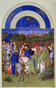 Faksymile z maja: Postacie dworskie na koniu, z „Les Tres Riches Heures du Duc de Berry” (welin) (oryginał patrz 8437) autorstwa Brothers Limbourg
