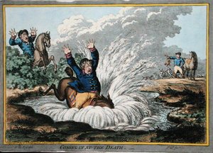 Coming in at the Death, akwaforta autorstwa Jamesa Gillraya (1757-1815) wydana przez Hannah Humphrey w 1800 roku (akwaforta ręcznie kolorowana)
