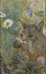 Kot z młodym ptaszkiem w pysku, 1885 autorstwa Bruno Andreas Liljefors