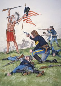 Wojownik Siuksów kontra 7. pułk kawalerii amerykańskiej w bitwie nad Little Bighorn, 25 czerwca 1876 r., z zestawu sześciu tableaux.