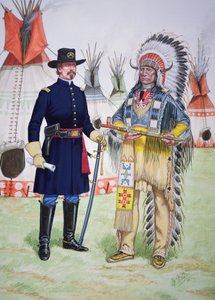 Wódz Czerwona Chmura z plemienia Oglala Sioux oferuje fajkę pokoju oficerowi 5. pułku kawalerii amerykańskiej podczas podpisywania traktatu w Fort Laramie w 1868 r., z zestawu sześciu tableaux.