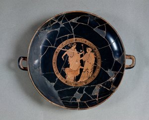 Wnętrze czerwonofigurowego kubka na poddaszu przedstawiającego Apolla i Artemidę, ok. 495-490 p.n.e. (ceramika) autorstwa Brygos Painter