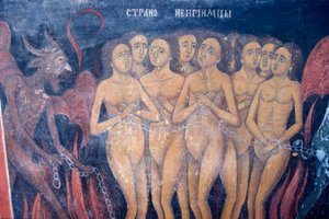 Bułgaria, klasztor Riła, fresk w kościele Narodzenia Najświętszej Marii Panny autorstwa Bulgarian School