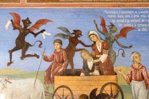 Bułgaria, klasztor Riła, fresk w kościele Narodzenia Najświętszej Marii Panny autorstwa Bulgarian School