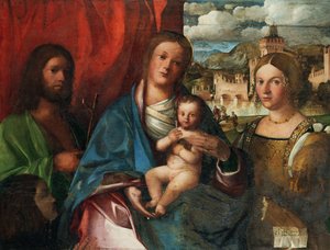 Matka Boska z Dzieciątkiem ze św. Janem Chrzcicielem, Katarzyną Aleksandryjską i Donatorką, pocz. autorstwa Buonconsiglio