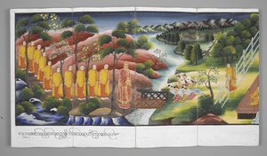 Lub. 13534, f.23 Mnisi przechodzący przez rzekę, Sceny z życia Buddy (pergamin) autorstwa Burmese School
