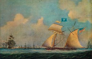 „Amerykański szkuner korsarski i inne statki w pobliżu portu”, ok. 1815 r. autorstwa Burton