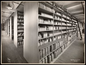 Widok wnętrza magazynu chemicznego w Parke, Davis und Co., chemicy, Hudson und Vestry Streets, Nowy Jork, 1910 (srebrny odbitka żelatynowa) autorstwa Byron Company