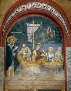 Objawienie Św. Mikołaja rozbitkom, Fragment z Opowieści z życia Św. Mikołaja, Romańskie freski w stylu bizantyjskim, koniec XI w., Kaplica Św. Eldrada i Św. autorstwa Byzantine