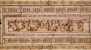 Sztuka Cesarstwa Bizantyjskiego: Scena walki. Pończochy z reliefem w kolorze kości słoniowej. Górna część pudełka (X wiek). Muzeum Cluny w Paryżu. autorstwa Byzantine