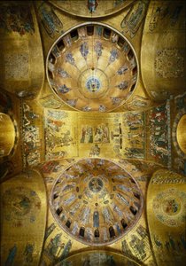 Architektura bizantyjska: widok na kopuły z mozaikami na złotym tle (styl romański i bizantyjski) ilustrujące Pięćdziesiątnicę (1250-1300) i Wniebowstąpienie (początek XIII wieku). Bazylika San Marco (Bazylika San Marco) Wenecja autorstwa Byzantine
