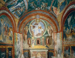 Kaplica św. Eldrada i św. Mikołaja z romańskimi freskami w stylu bizantyjskim, koniec XI w., Opactwo Novalesa, Piemont, Włochy autorstwa Byzantine