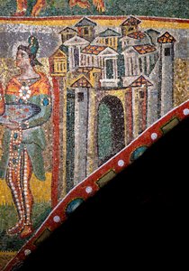 Sztuka chrześcijańska: „Adoracja Trzech Króli””. Szczegóły krajobrazu. Mozaika z V wieku. Łuk Triumfalny, bazylika Santa Maria Maggiore (Najświętsza Maryja Większa), Rzym. autorstwa Byzantine