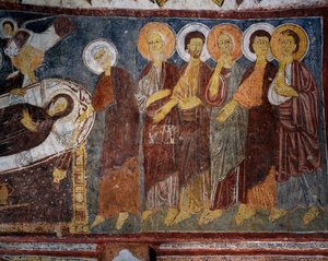 Zaśnięcie Matki Boskiej wśród Apostołów, Detal, fresk bizantyjski (XIII w.), Gulsehir Karsi Kilise (Kościół Św. Jana), Göreme (Lista Światowego Dziedzictwa UNESCO) autorstwa Byzantine