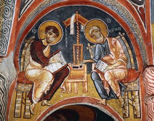 Ewangeliści Marek i Jan piszący Ewangelie, Karanlik Kilise (Ciemny Kościół) (XII-XIII w.), Göreme (Lista Światowego Dziedzictwa UNESCO) autorstwa Byzantine