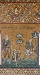 Lamech zabija Kaina, mozaika bizantyjska, cykl Stary Testament - Raj na Ziemi, XII-XIII wiek (mozaika) autorstwa Byzantine