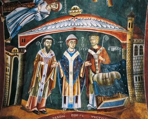 Święty Mikołaj Konsekrowany biskup Myry, Fragment Opowieści św. Mikołaja, fresk romański, styl bizantyjski, koniec XI w., Kaplica św. Eldrada i św. autorstwa Byzantine