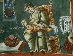 Święty Mikołaj odmawiający mleka matki, Z Opowieści z życia św. Mikołaja, fragment romańskich fresków w stylu bizantyjskim, koniec XI w., Kaplica św. Eldrada i św.