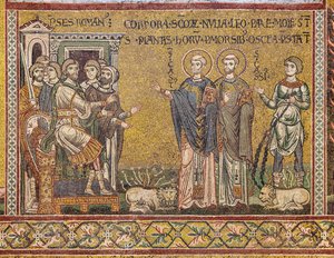 Św. Kasjusz i Św. Kasta przed cesarzem, mozaika bizantyjska, XII-XIII w., na kontrze (mozaika) autorstwa Byzantine