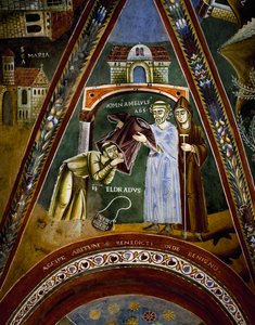 Św. Mikołaj, historie życia św. Eldrada i św. Mikołaja, św. Eldrado zwrócony ku św. Jakubowi z Composteli: otrzymanie habitu monastycznego od opata Novalesa, szczegół autorstwa Byzantine