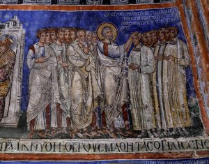 Św. Paweł kładzie ręce na nowo ochrzczonym bizantyjskim fresku w transepcie Tokali Kilise (Kościół Buckle) (XII-XIII w.), Goreme (Lista Światowego Dziedzictwa UNESCO) autorstwa Byzantine