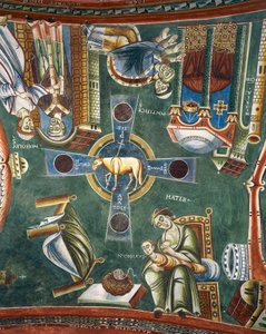 Historie z życia św. Mikołaja, Fragment fresków romańskich w stylu bizantyjskim, koniec XI w., Kaplica św. Eldrada i św. Mikołaja, Opactwo Novalesa, Piemont, Włochy autorstwa Byzantine