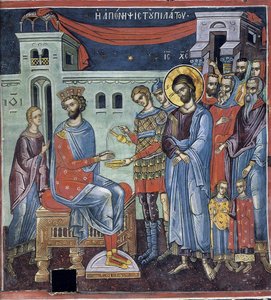 Ponce Piłat se lavant les mains - Piłat myjący ręce - Mistrz bizantyjski - XVI wiek - Fresk - Klasztor Dionysiou, Góra Athos autorstwa Byzantine Byzantine