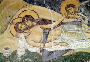 Sztuka bizantyjska: „Lament nad śmiercią Chrystusa”” Fresk malarza z XII wieku. Szczegół. Nerezi, San Pantaleimone, Macedoina autorstwa Byzantine School