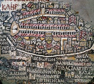 Sztuka bizantyjska: najstarsza mapa Palestyny. Detal przedstawiający Jerozolimę. Mozaika z VI wieku. Madaba, kościół św. Jerzego autorstwa Byzantine School