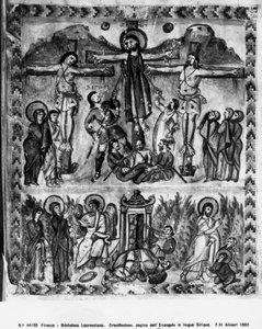Ukrzyżowanie i Zmartwychwstanie, z Ewangelii Rabula, 586 rne autorstwa Byzantine School