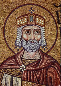 Król Dawid (X wiek pne). Dzieło bizantyjskiego mistrza, mozaika, detal dekoracji bazyliki św. Marka w Wenecji (Włochy). Sztuka bizantyjska, średniowiecze. Bazylika Świętego Marka w Wenecji. autorstwa Byzantine School