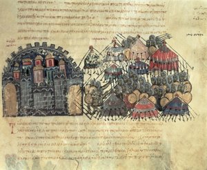 MMS Vitr. 26-7 bizantyjczyków oblegających Mesynę, z madryckiego Skylitzes (welum) autorstwa Byzantine School