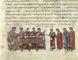 MMS Vitr. 26-7 Wróżby dotyczące cesarza Michała II (820-829) z III rozdziału madryckiego Skylitzes (welum) autorstwa Byzantine School