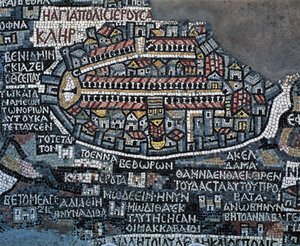 Mapa mozaikowa z Madaby (Mapa Ziemi Świętej), 560 r., mozaika w grecko-prawosławnej bazylice św. Jerzego w Madabie, Jordania, cywilizacja bizantyjska, VI w. (mozaika) autorstwa Byzantine School