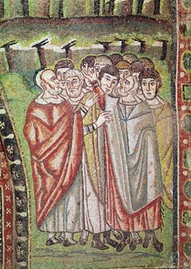 Naród hebrajski, fragment Gościnności Abrahama i Ofiary Izaaka, VI w. (mozaika) autorstwa Byzantine School