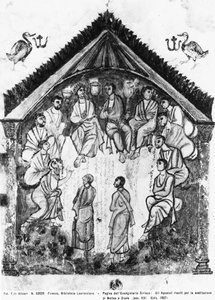 Apostołowie zebrali się, by zastąpić Judasza Maciejem, folio z Ewangelii Rabuli, 586 ne (tempera na welinie) autorstwa Byzantine School