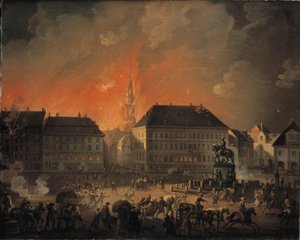 Najstraszniejsza noc. Widok Kongens Nytorv w Kopenhadze podczas angielskiego bombardowania Kopenhagi nocą z 4 na 5 września 1807 r.
