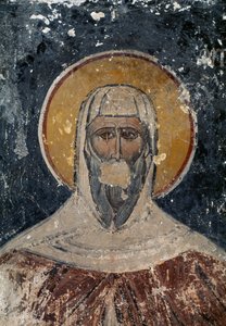 Apostoł, fresk w bizantyjskim kościele Świętych Apostołów na agorze w Atenach, Grecja autorstwa J.B. and Brown J. Rowbotham