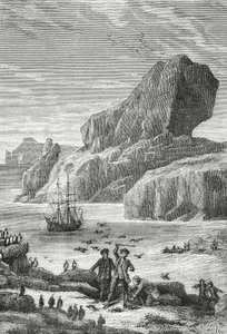 Odkrycie Francji Austral (Wyspy Kerguelena) przez francuskiego odkrywcę Yves-Josepha de Kerguelen-Tremarec (1734-1797), luty 1772, rycina, Ocean Indyjski, Terytorium Francuskich Ziem Południowych i Antarktycznych