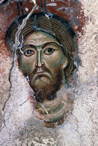 Twarz Chrystusa, fragment fresku w kościele Agios Georgios, Mourne, Kreta, Grecja (zdjęcie)