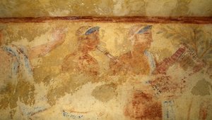 Muzycy, fresk, detal, Grób Błękitnych Demonów, Nekropolia Tarquinia (Lista Światowego Dziedzictwa UNESCO, 2004), Lacjum, Włochy. Cywilizacja etruska, V wiek p.n.e. (zdjęcie) autorstwa J.B. and Brown J. Rowbotham