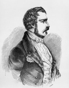 Portret Charles-Louis Napoleon Bonaparte lub Napoleon III (1808-1873), prezydent II Republiki Francuskiej od 1848 do 1852 i cesarz II Cesarstwa Francuskiego od 1852 do 1870, grawerowanie autorstwa J.B. and Brown J. Rowbotham