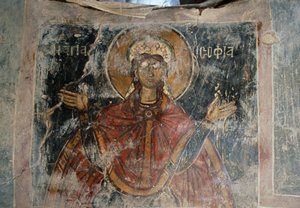 Święty, freski na ścianach w kościele Agios Georgios, Komitades, Kreta, Grecja (zdjęcie) autorstwa J.B. and Brown J. Rowbotham