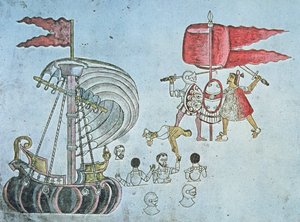 Hiszpańscy żołnierze Hernan Cortes brodzą na lądzie w 1519 roku, by walczyć z Aztekami, skopiowane z Codex Azcatitlan, ok. 1550 (kolor lito) autorstwa J.B. and Brown J. Rowbotham