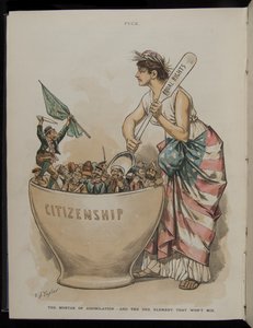 Moździerz asymilacji - i jedyny element, który się nie miesza, ilustracja z magazynu Puck, 26 czerwca 1889 autorstwa C.J. Taylor
