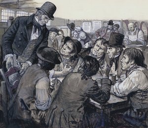 Pułkownik Despard werbujący politycznych malkontentów w zacienionych zakamarkach londyńskiego podziemia (gwasz na papierze) autorstwa C.L. Doughty